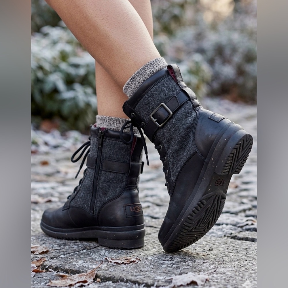 UGG Kesey Black Waterproof Leather Wool Lace Up Combat Boots Women's 10